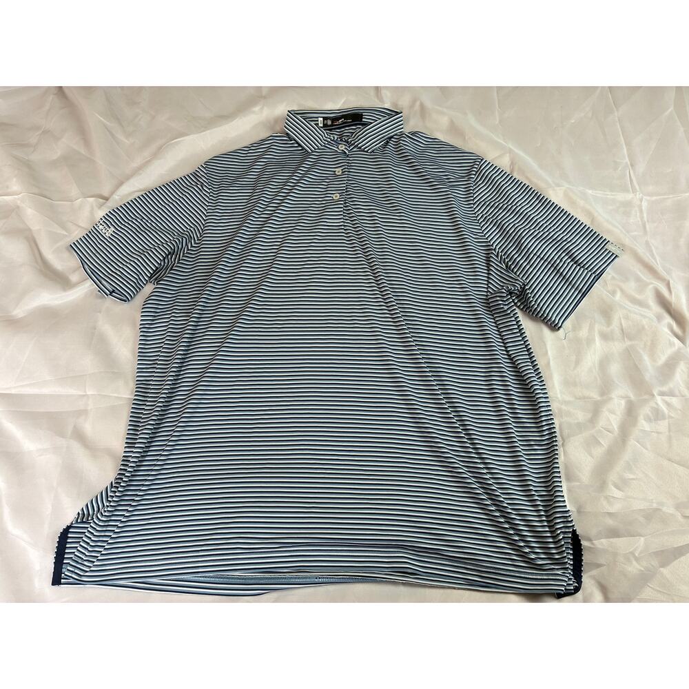 RLX Ralph Lauren Mens XXL Striped Golf Polo Navy White Bushnell Golf Logo